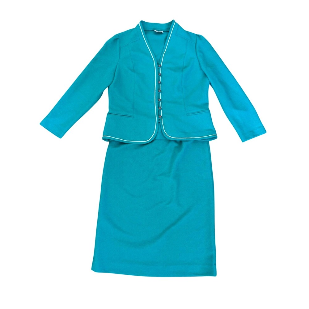 Vintage Marty Gutmacher 1960s Skirt Suit Set Teal White‎ Trim Button Front Smal